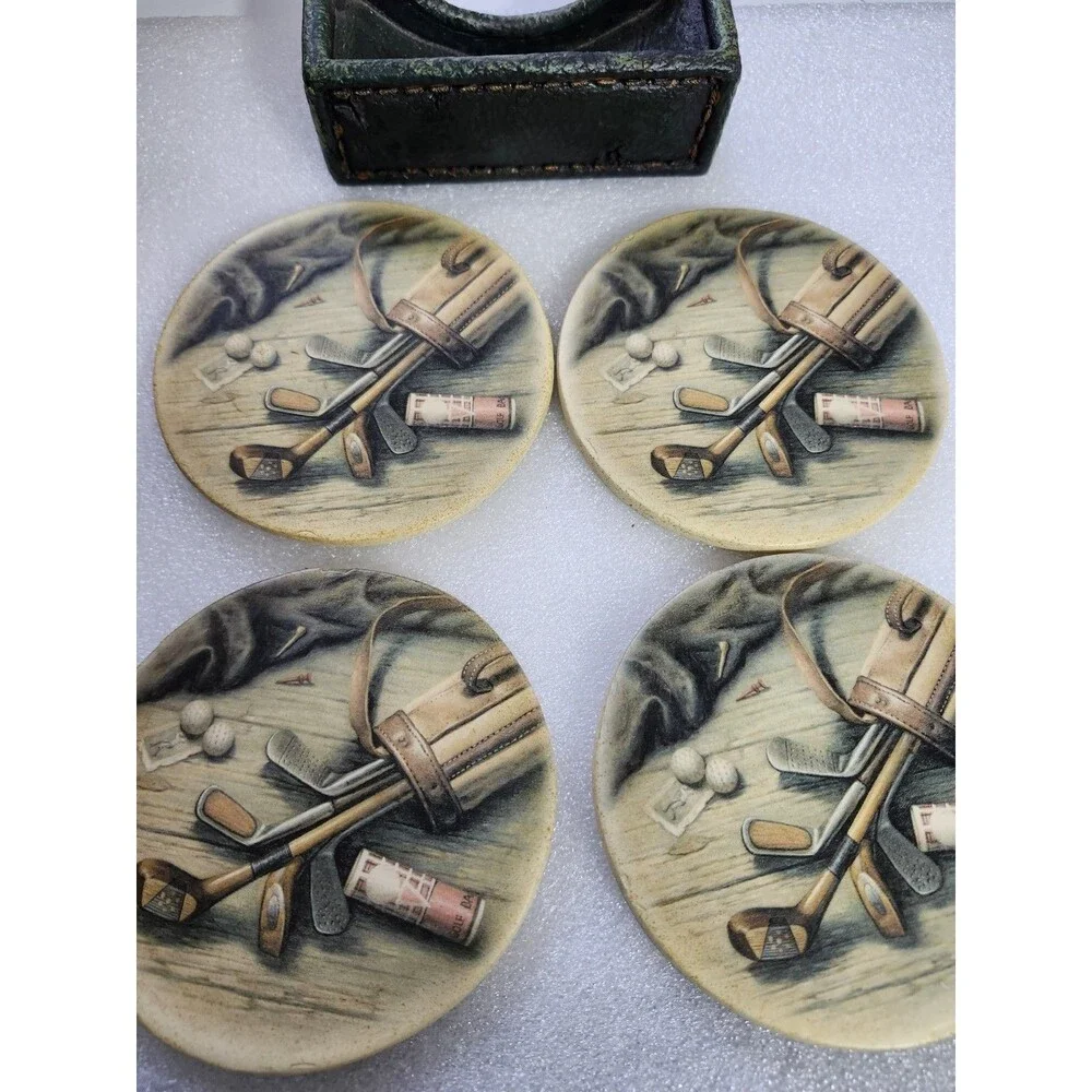 Hobby Lobby Golf Drink Coasters with Holder Set of 4